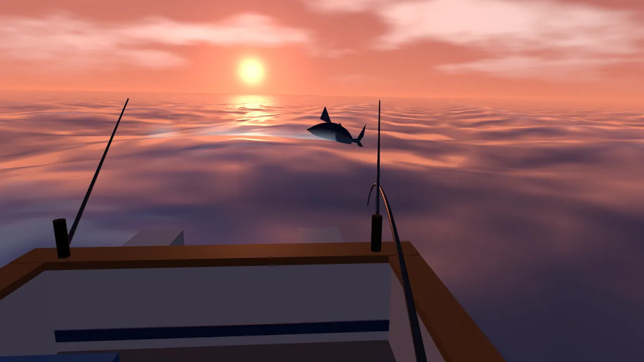 Cena do jogo Ao Largo: a popa de um barco ao pôr do sol com a cana dobrada e um peixe ao longe